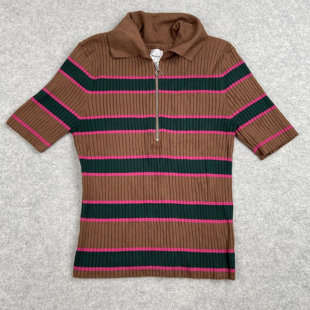 Maeve Sweater Girls XL Brown Pink Striped Ribbed Knit 1/2 Zip Short Sleeve
